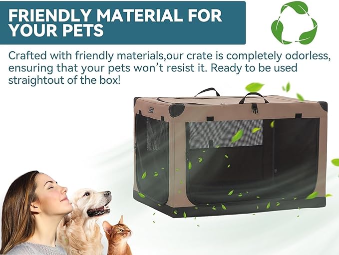 PETSFIT Portable Dog Crate, Soft Sided Dog Crate - 26 Inch Lightweight, Easy Setup, Sturdy Dog Travel Crate, Adjustable Framework with 3 Mesh Door, Collapsible Dog Kennel Khaki