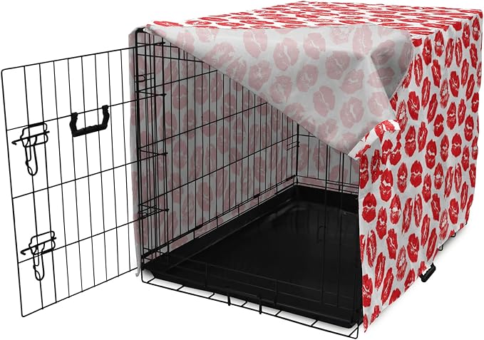 Lunarable Kiss Dog Crate Cover, Rhythmic Make up Red Luscious Lips Lipstick Imprint Illustration, Easy to Use Pet Kennel Cover for Small Dogs Puppies Kittens, 18 Inch, Dark Pink and White