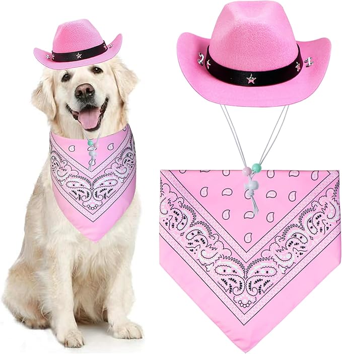 Dog Halloween Costumes, Dog Cowboy Costume Halloween Pet Cowboy Hat Bandana Scarf for Small Medium Large Dogs Pets (Pink Hat & Pink Bandana, Large)