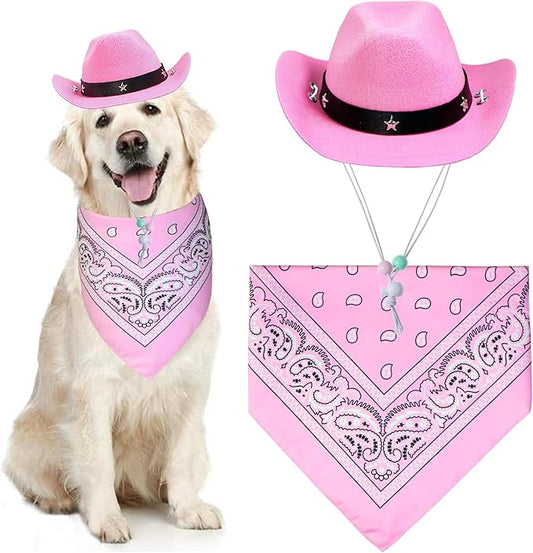 Dog Halloween Costumes, Dog Cowboy Costume Halloween Pet Cowboy Hat Bandana Scarf for Small Medium Large Dogs Pets (Pink Hat & Pink Bandana, Large)