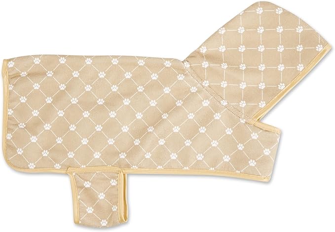Bone Dry Pet Robe Collection, Trellis Paw Print, Absorbent Microfiber Bath Robe with Adjustable Closure for Dogs & Cats, Small,Taupe