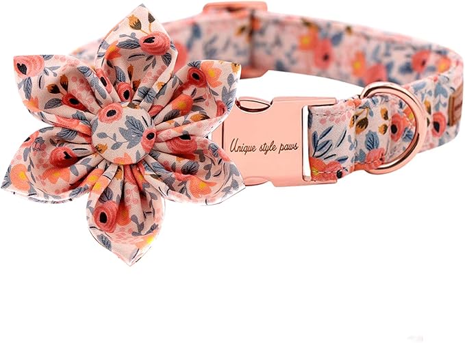 Uniqe Style Paws Flower Dog Collar, Peach Rose Adjustable Girl Dog Collar with Flower, Durable Floral Pattern Pet Collar for Large Female Dogs