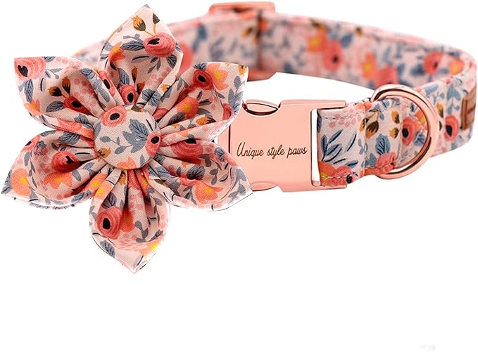 Uniqe Style Paws Flower Dog Collar, Peach Rose Adjustable Girl Dog Collar with Flower, Durable Floral Pattern Pet Collar for X-Small Female Dogs