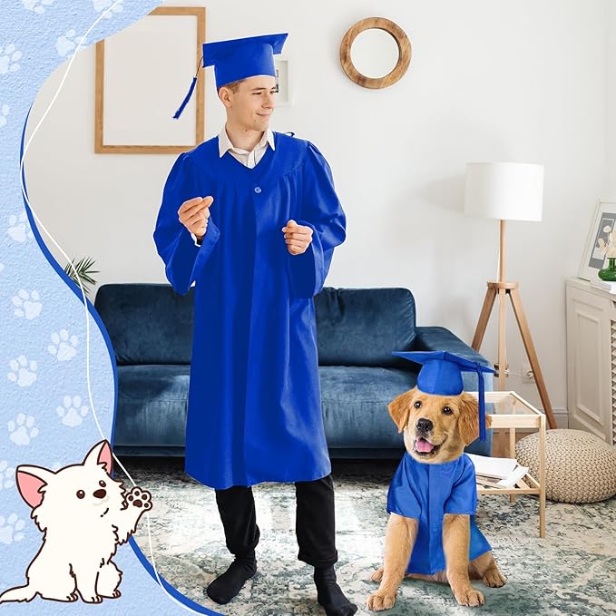 Xuniea 2 Pcs Dog Graduation Costume Set 2025 Dog Graduation Cap and Gown Puppy Hat with Tassel Matte Pet Grad Outfit Cats Grad Bear Holiday Party Costume Accessory(Blue,Large)
