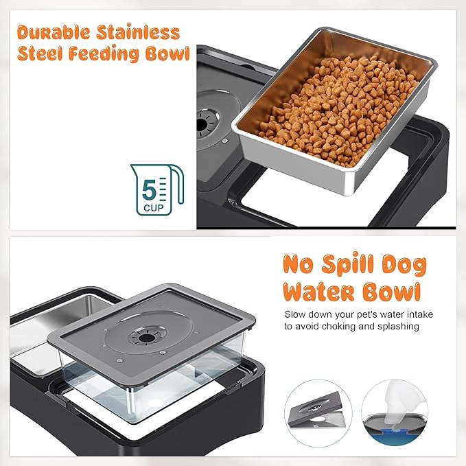 Decflow 2-in-1 Elevated Dog Bowls, 4 Height Adjustable Raised Dog Bowls with Stainless Steel Dog Food Bowls & No Spill Water Bowl, DIY Stickers Foldable Pet Bowl for Medium Large Dogs