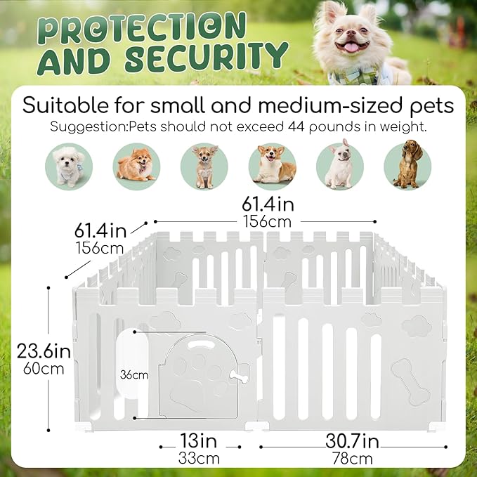 Dog Playpen with Door, 8-Panel 24" Indoor Cat Puppy Playpen, Strong Plastic Small Pet Safety Fence Dog Pen, Non-Slip and Secure Pet Gate, White