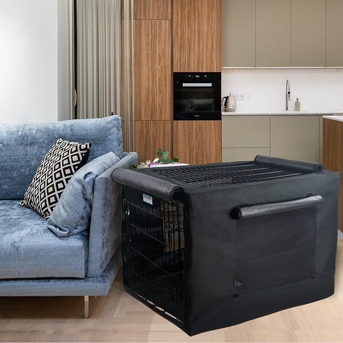 PETSFIT Dog Crate Cover,42 Inch Cover for Wire Dog Kennel, Single Door, Mesh Window, Flap On The Top and Back is Detachable，Black
