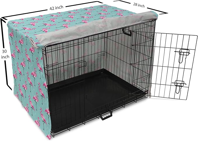 Lunarable Turquoise Dog Crate Cover, Repetitive Pink Flamingos on Wavy Water Background Vivid Colors Graphic, Easy to Use Pet Kennel Cover for Medium Large Dogs, 42 Inch, Pink Seafoam