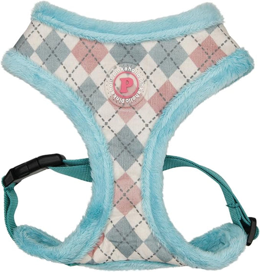 Pinkaholic New York Annika Dog Harness Over-The-Head Warm Winter Argyle Pattern Adjustable Chest for Small Dog, Aqua, Medium