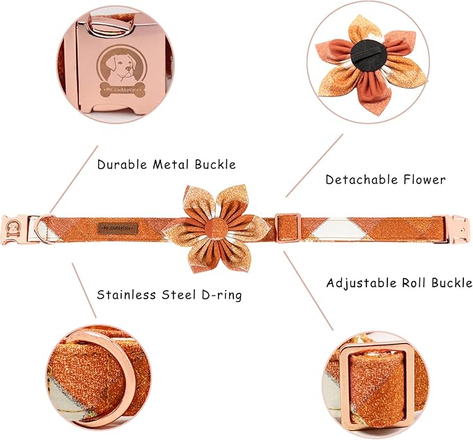 Fall Dog Collar with Flower, Orange Plaid Flower Dog Collar, Boy Girl Dog Collars for Small Medium Large Dogs