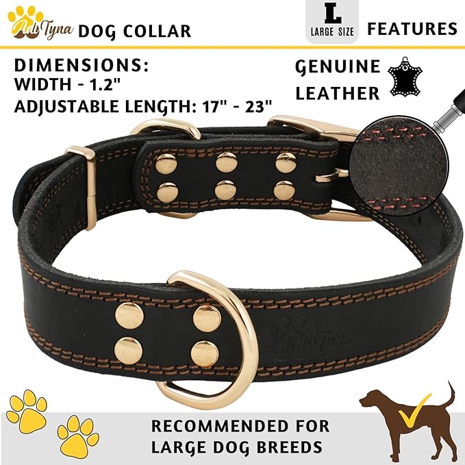 ADITYNA - Heavy Duty Leather Dog Collar for Large Dogs - Soft and Strong Leather Dog Collar for Walking and Training (Black - Gold Colored Buckle, Large: Fit 17" - 23" Neck)