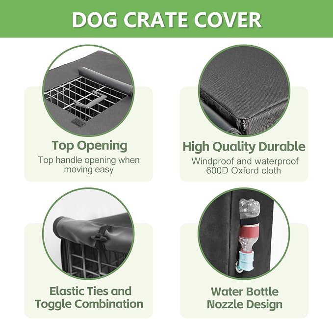 Dog Crate Cover 48 Inch - Waterproof Kennel Cover with Top Window, 600D Oxford Fabric Dog Cage Cover Fit for Most Double Door Wire Crate, Unique Drinking Hole Design, Black (Cover Only)
