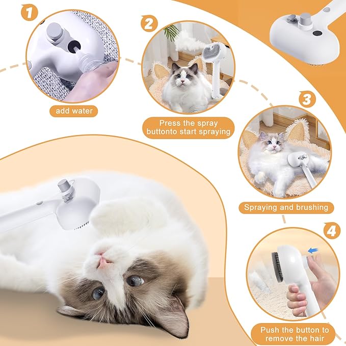 Cat Steam Brush, 3 In 1 Steam Brush for Dogs & Cats, Pet for Pet Hair Removal Tool, Shedding Reduced Discomfort, Suitable for Massaging, Combing