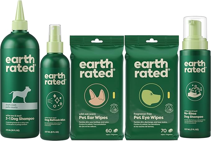 Earth Rated Short Coat Essentials - Dog Shampoo, Refresh Mist, Ear Wipes, Eye Wipes & No-Rinse Shampoo