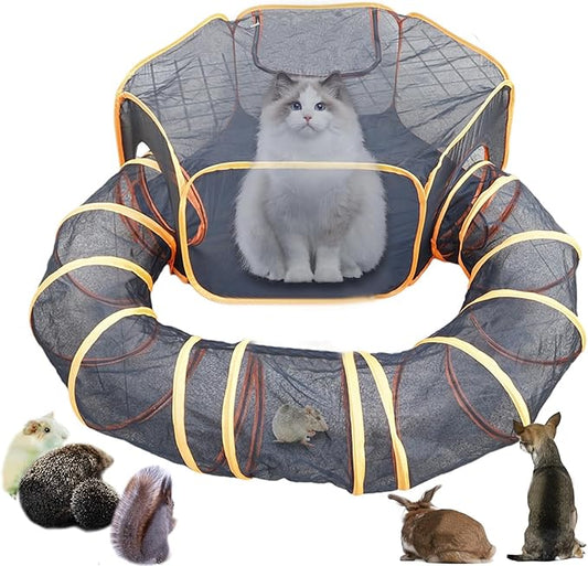 Orange Portable, Foldable Outdoor Cat Enclosure with Tunnel - Suitable for Small Pets