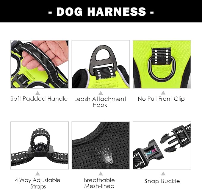 PHOEPET No Pull Dog Harness Medium Reflective Front Clip Vest with Handle,Adjustable 2 Metal Rings 3 Buckles,[Easy to Put on & Take Off](M, Green)