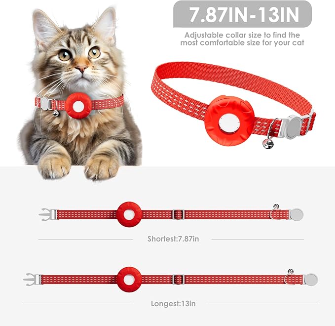 Cat Tracker, Pet Tracker for Cats, Cat GPS Tracker Collar with Safety Elastic Buckle, GPS Tracker Compatible with Apple Find My App (Only iOS), No Monthly Fee, Waterproof, Red