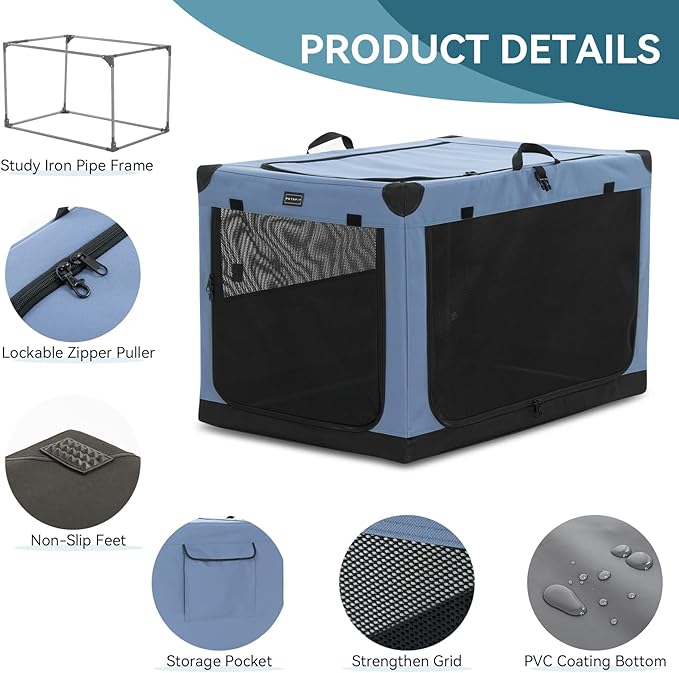 PETSFIT Collapsible Dog Crate, with Patented Adjustable Fabric Cover, Chewproof & Lockable Mesh Doors, Waterproof Base Soft Kennel Blue 30 Inch