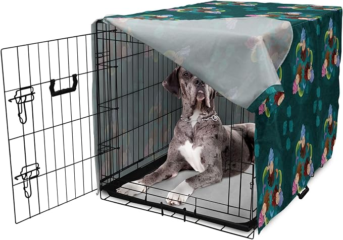 Lunarable Mermaid Dog Crate Cover, Smiling Happy Cheerful Mermaids with Seashells Scallops Exotic Waters Spirals, Easy to Use Pet Kennel Cover for Medium Large Dogs, 48 Inch, Teal Multicolor