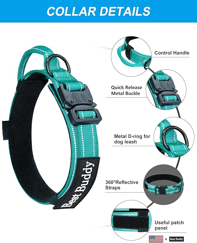 AUBELL Tactical Dog Collar and Leash Set, Adjustable Military Nylon Reflective Dog Leash and Collar with Handle and Heavy Metal Buckle for Medium Large Dogs, with Airtag Case and 2 Patches (Teal,XL)