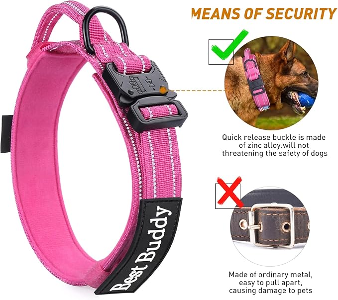 AUBELL Reflective Dog Collar, Tactical Dog Collar Adjustable Military Nylon Collars with Handle and Heavy Duty Metal Buckle for Medium Large Dogs, with 2 Patches and Airtag Case Holder (Pink, XL)