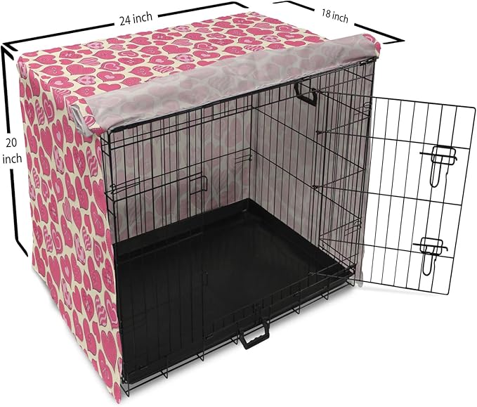 Lunarable Hearts Dog Crate Cover, Valentines Day Inspired Heart Designs with Various Styles Curved Lines Flowers Bows, Easy to Use Pet Kennel Cover for Cats & Medium Dogs, 24 Inch, Cream Pink