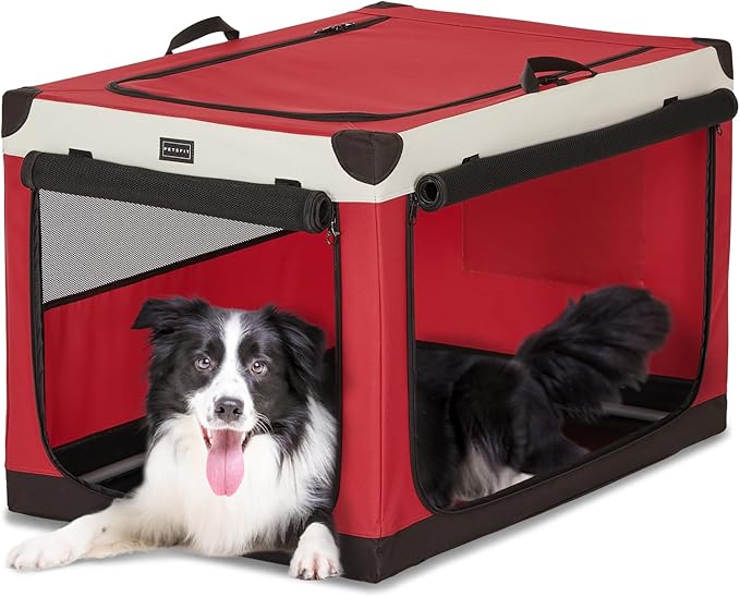 PETSFIT Soft Dog Crate, with Patented Adjustable Fabric Cover, Chewproof & Lockable Mesh Doors, Waterproof Base Portable Kennel Red 36 Inch