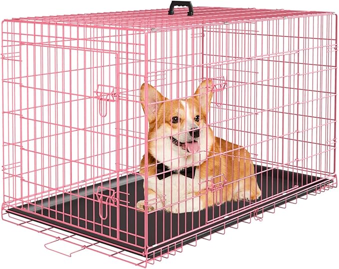 PayLessHere Large Dog Crate Kennel for Medium Large Dogs 36 inches Metal Dog Cage Double-Door Folding Travel Indoor Outdoor Puppy Playpen with Divider and Handle Plastic Tray,Pink