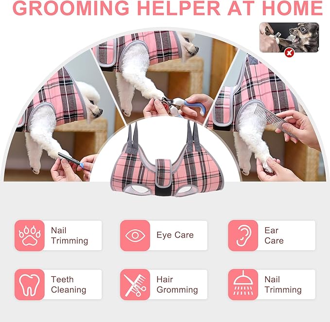 BEAUTYZOO Dog Grooming Hammock for Small Dogs Cat- Dog Sling for Nail Trimming/Clipping- Dog Hanging Harness Holder with Thick Fabric Neck Support & Strap Restraint Claw Care, Pink M