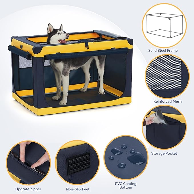 A4Pet Portable Dog Crate, Soft Sided Dog Crate - 36 Inch Adjustable Stainless Steel FrameLightweight, Durable and Collapsible Crate with 3-Door, Soft Dog Kennel