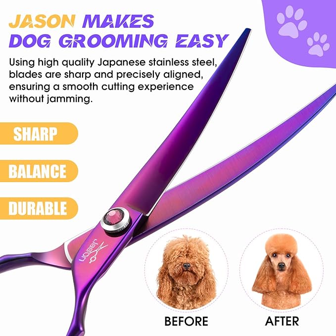 JASON 7.5" Dog Grooming Scisssors - Professional Curved Shears for Dogs, Japanese 440C Stainless Steel Dog Cutting Scissors with Diamond Adjustable Screw