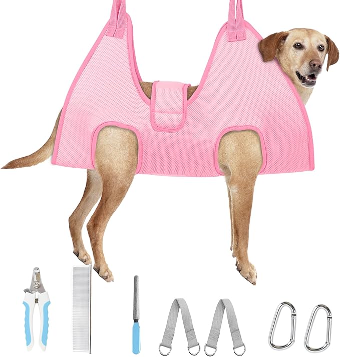Supet Dog Grooming Hammock, New Pink Small Dog Sling for Nail Trimming, Back Protect Hanging Harness for Claw Care, Nail Trimming Restraint with Thick Fabric