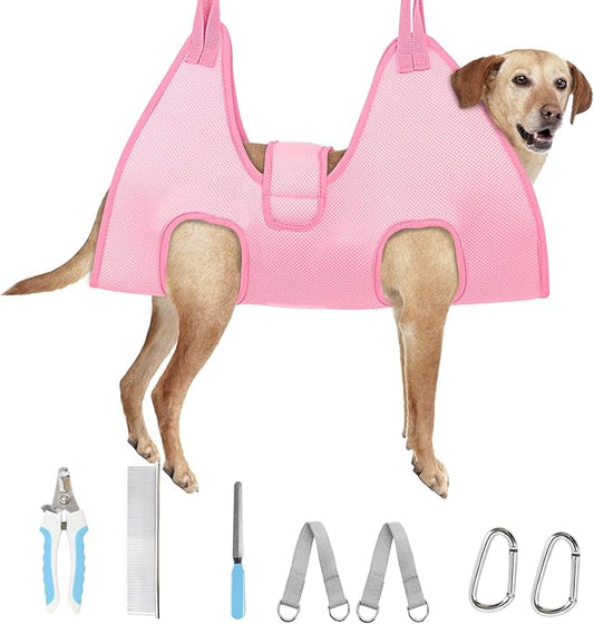 Supet Dog Grooming Hammock, New Pink Small Dog Sling for Nail Trimming, Back Protect Hanging Harness for Claw Care, Nail Trimming Restraint with Thick Fabric