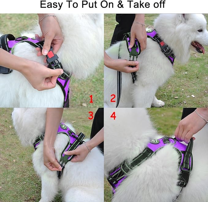 PoyPet Dog Harness No Pull, Reflective Adjustable No Choke Pet Vest with Front & Back Clips, Soft Padded and Control Training Handle for Large Dogs(Purple,XL)