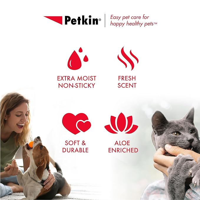 Petkin Pet Wipes for Dogs and Cats, 400 Large Wipes - Removes Dirt & Odor Like Washing Hands - Cleans Ears, Face, Butt, Eye Area - Convenient, Ideal for Home or Travel - 4 Packs of 100 Wipes