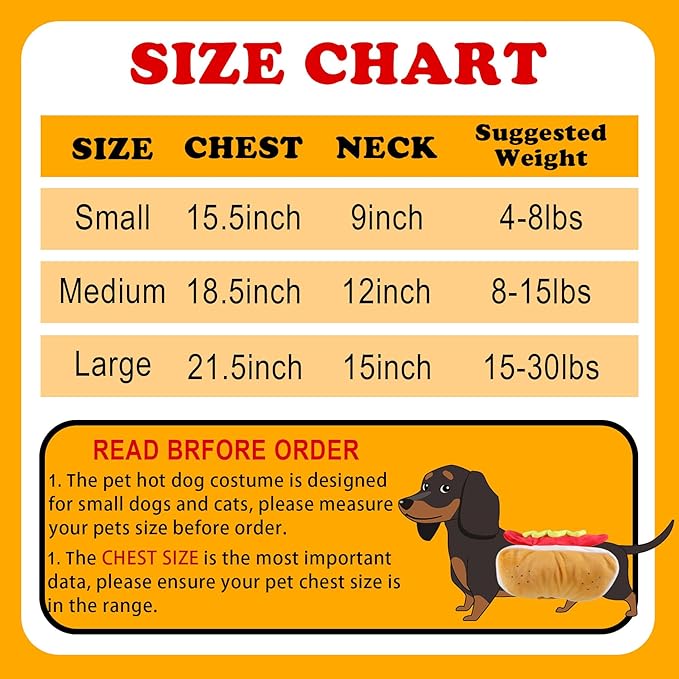 Dog Hot Dog Costume, Dog Halloween Costumes Funny Pet Hot Dog Costume for XS Small Medium Dogs Cats Pets (Small)