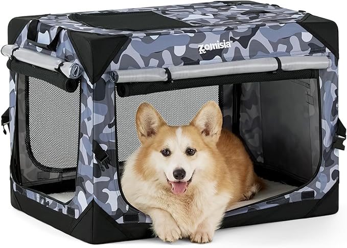 Collapsible Dog Crate for Medium Dogs - Portable Dog Travel Crate Soft Sided 30 Inch with Mesh Windows and 3-Door Curtains, Foldable Dog Kennel for Indoor and Outdoor, Camo