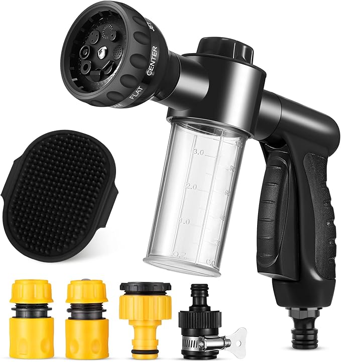 6 Pieces Dog Wash Hose Attachment with Soap Dispenser Pet Bathing Tool Set Dog Comb Brush for Pet Washing(8.27 x 4.72 x 5.51 Inch,Black)