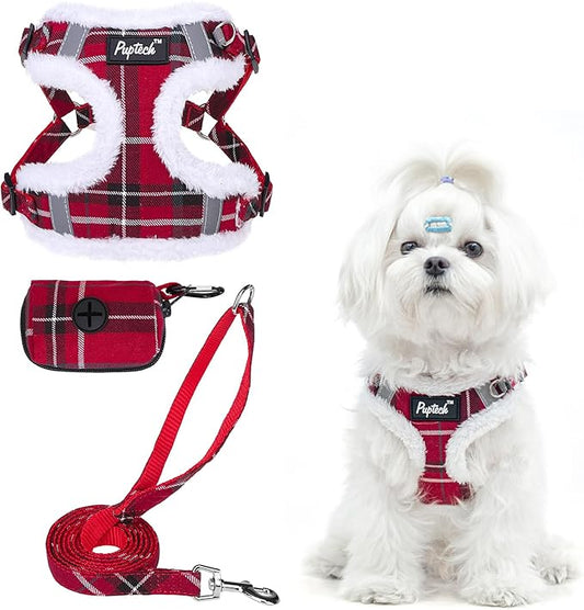 PUPTECK No Pull Dog Harness and Leash Set Reflective No Choke Step in Puppy Halter for XS Small and Medium Sized Dogs, Red Plaid, Plush, M
