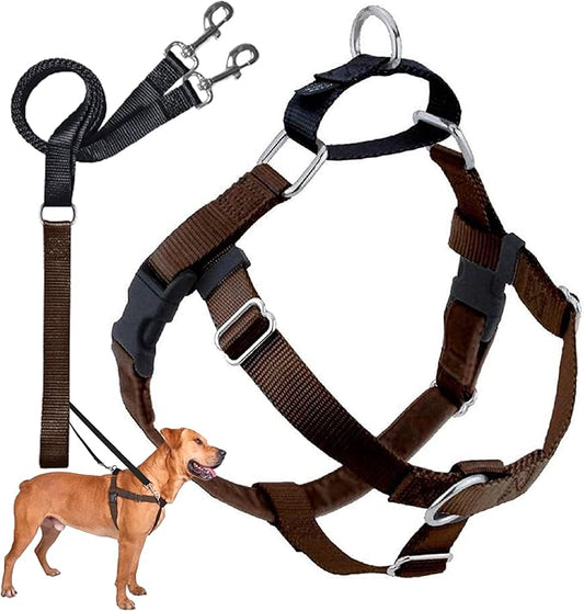 2 Hounds Design Freedom No Pull Dog Harness | Comfortable Control for Easy Walking |Adjustable Dog Harness and Leash Set | Small, Medium & Large Dogs | Made in USA | Solid Colors | 1" LG Brown