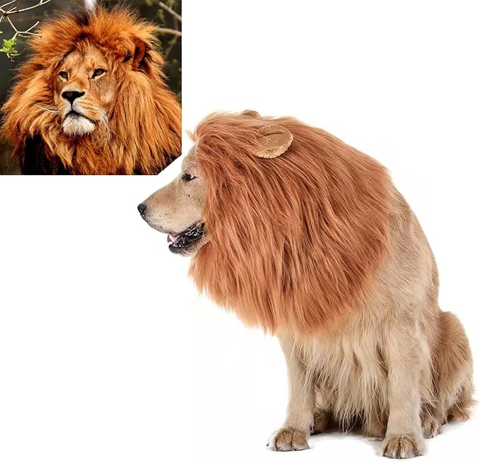 Funny Dog Cosplay Lion Brown Wig, Realistic Lion Mane Wig, Dog Lion Mane for Halloween, Christmas, Parties, Festivals, Dog Wigs for Large Dogs