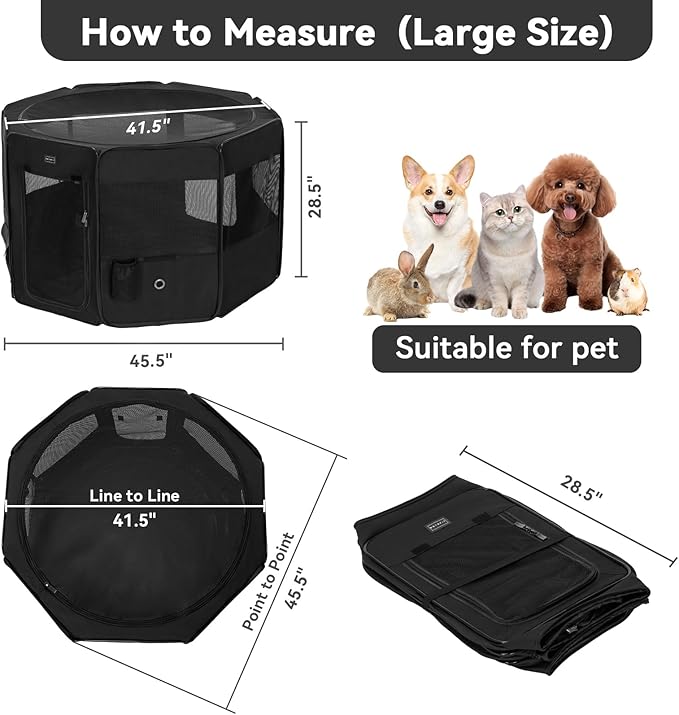 Petsfit 45.5" Dog Playpen with Dual Zipper Doors –Sturdy Foldable Pet Playpen for Large & Medium Dogs with Removable Mesh Top and Leakproof Bottom