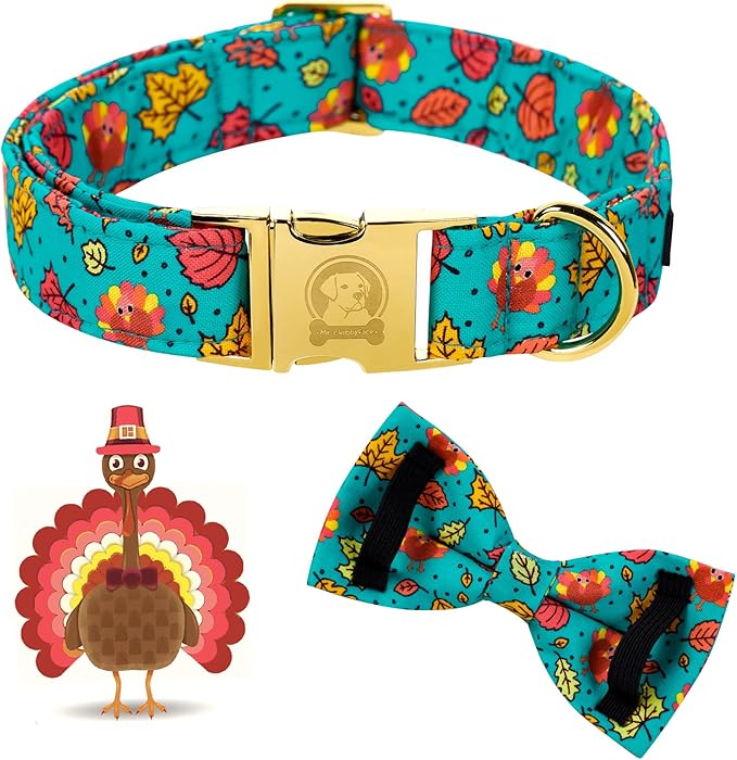 MR. CHUBBYFACE Thanksgiving Dog Collar Fall Maple and Turkey Dog Collar with Bow Adjustable Dog Collar Bowtie for Small Medium Large Dogs