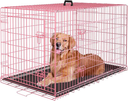 PayLessHere Large Dog Crate Kennel for Medium Large Dogs Metal Dog Cage Double-Door Folding Travel Indoor Outdoor Puppy Playpen with Divider and Handle Plastic Tray (48 Inch, Pink)