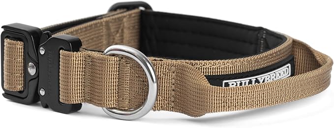BULLYBREED Premium Dog Colar with Handle, Heavy Duty Dog Collar, Tactical Dog Collar, Quick-Release Metal Buckle, Puppy Collar, Dog Collar for Small Dogs, Dog Collar for Medium Dogs (Tan, Small)