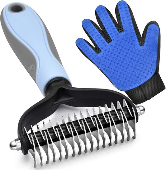 GOESWELL Double-Sided Undercoat Rake for Pet Grooming - Shedding and Dematting Comb with Grooming Glove (Blue 2 Pack)