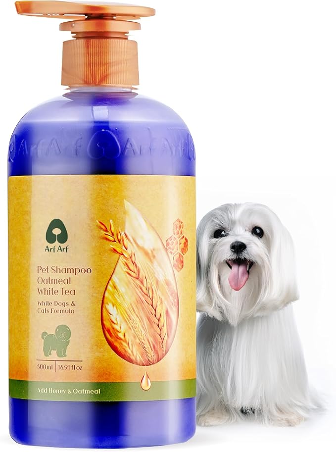 Arf Arf Dog Shampoo Whitening Formula, White-Coated Brightening Oatmeal 16oz, Honey-Infused, Pet-Friendly, Enhances Coat Shine, Suitable for All Breeds and Ages - 16oz