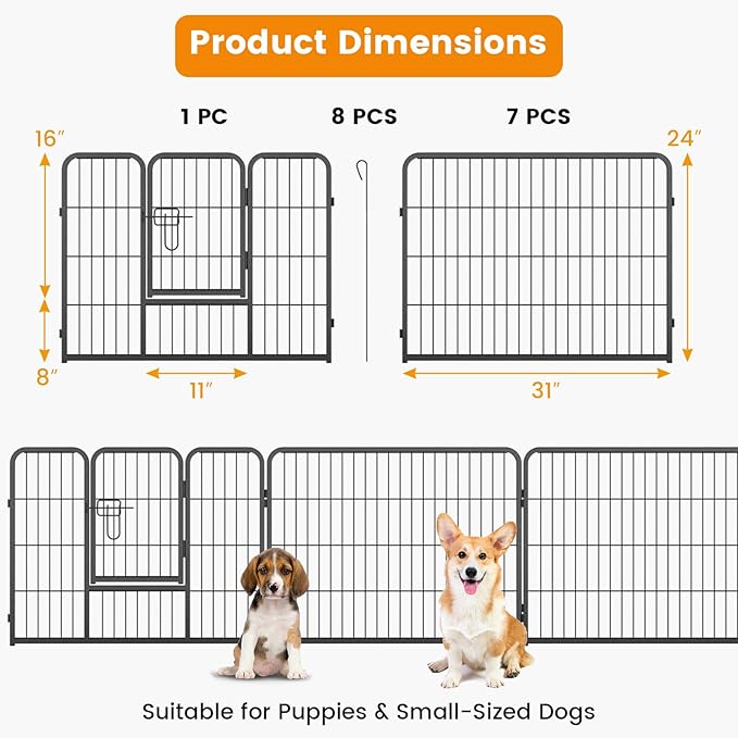 Giantex Dog Playpen Outdoor 24" H - 8 Panels Metal Pet Fence for Puppies Small Dogs, 20.5ft Total Length, Heavy Duty Dog Pen Exercise Fence with Door, Portable Dog Fence for Yard Garden RV Camping