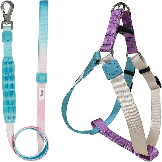 Tri-Color Dog Harness and Purple Pink Gradient Shock Absorbing Dog Leash Set,Step-in Freedom Dog Vest Harness,Strong Padded Handle to Help Stop Pulling for Small Dog Walking and Traning