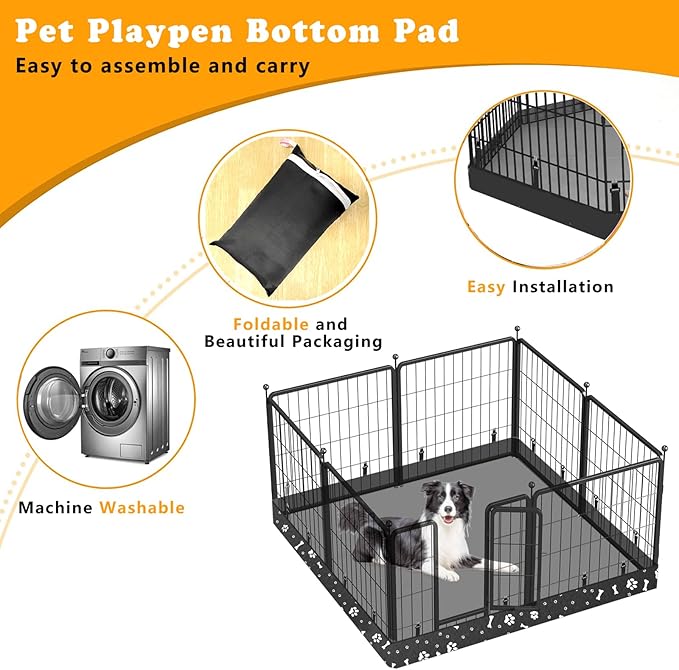 Dog Playpen Square Bottom Pad Fits for 48 Inch 8 Panels Metal Exercise Pet Playpen, Dog Crate Pad Puppy Playpen Pad, Elastic Buckles Connections.(Note: Playpen Not Included) -Black
